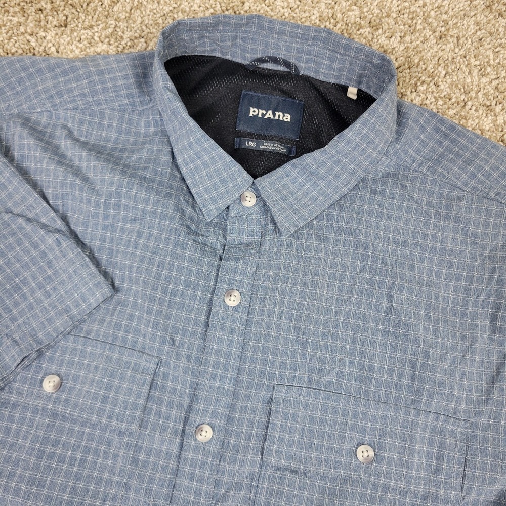 Prana Mens Large Blue Check Performance Vented Button Up Short Sleeve Utility